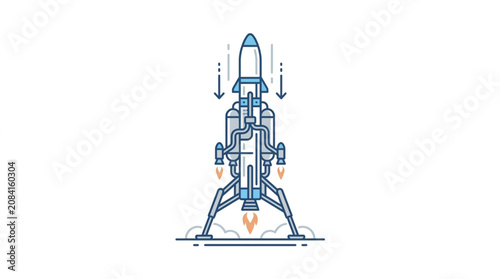 Space rocket launching from launchpad with flames and smoke.