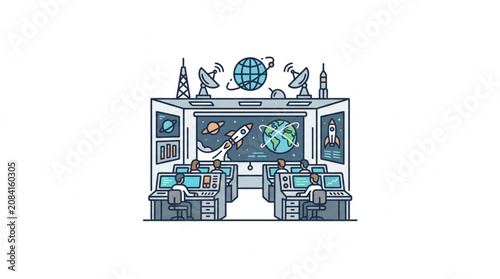 Space Mission Control Center with Computers and Globes.