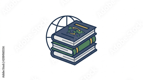Stack of books with globe illustration representing global knowledge.