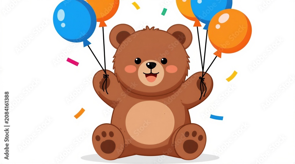 Fototapeta premium Cute cartoon bear holds colorful balloons, confetti falls around. Art for kid party, birthday, holiday designs. Cheerful character, happy celebration element for graphics. Fun illustration, playful