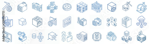 minimalist isometric line art vector icon Cryptocurrency and Blockchain Mining in blue