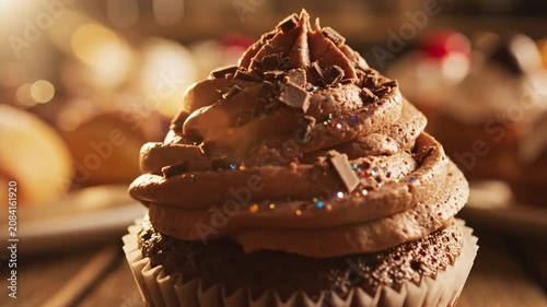 Gourmet chocolate cupcake with rich frosting on wood.