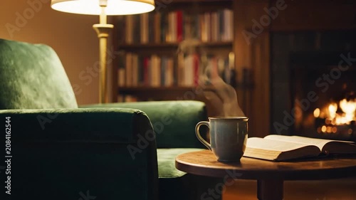 Green armchair in a cozy library with fireplace and book.
