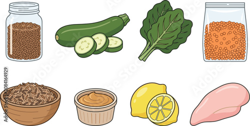 Healthy Whole Food Collection with Chicken Breast, Lentils, Spinach, Zucchini, Brown Rice, Flaxseed, Lemon, and Nut Butter for Clean Eating Vector Illustration
