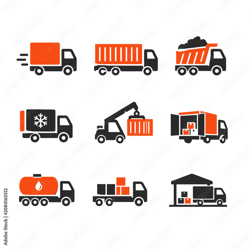 Fototapeta premium Collection of orange and black delivery truck icons representing logistics, transport, shipping, and cargo services on a clean white background.