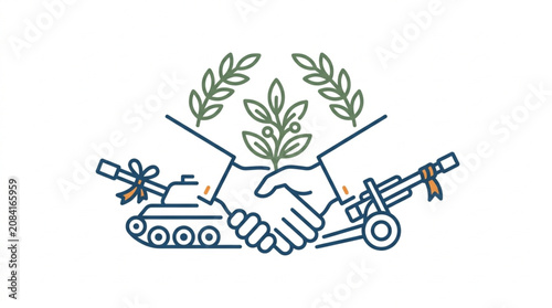 Foto Symbolic handshake between war and peace with olive branches.