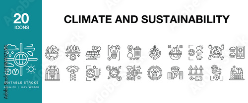 Climate & Sustainbility icon set. Includes climate, sustainability, environment, ecology, green, renewable and More. Editable Stroke Icon Collection.