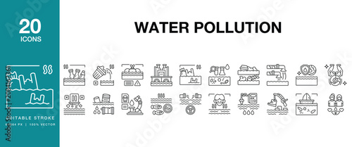 Water Pollution icon set. Includes water, pollution, contamination, waste, sewage, chemical and More. Editable Stroke Icon Collection.