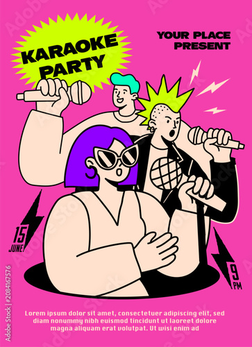 Karaoke Party Poster Template with Trendy Y2K Cartoon Characters. Retro Pop Art Music Event Flyer, Singing Club Night and Bar Concert Invitation. Vector Illustration