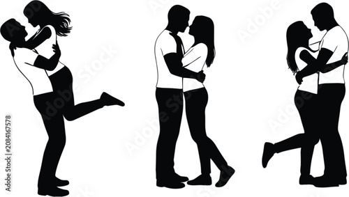 Obraz na plátně Romantic couple silhouettes, affectionate embrace and kissing poses isolated vec