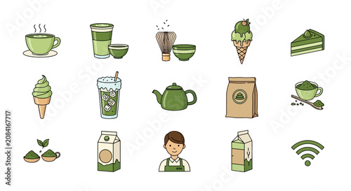 Set of cute matcha green tea and cafe doodles icons on white background.