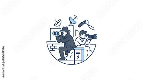 Fotografía Two journalists or detectives observing with binoculars and camera