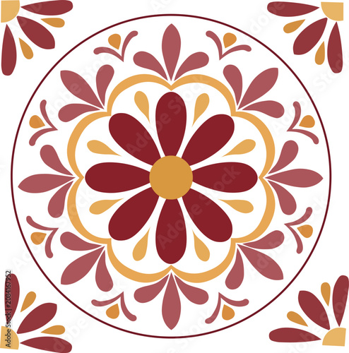 фотографія Vibrant graphic illustration of a symmetrical floral tile pattern in warm red, m