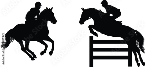 Konstfotografi Equestrian jumping silhouettes, horse riders performing show jumping competition