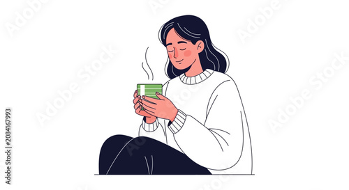 Young woman enjoying a relaxing warm drink, finding comfort and peace in a cozy moment.