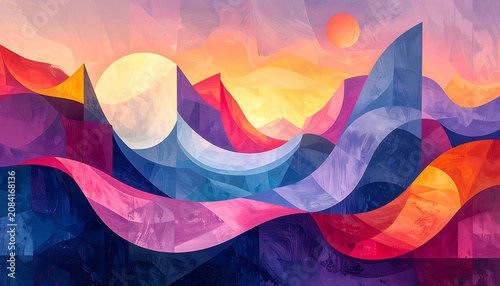 Vibrant pixel art landscape, abstract colorful mountains and sky at sunset, textured watercolor effect, geometric shapes, digital art