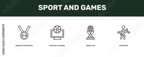 Schilderij op canvas sport and games icon set with weight lifting medal, football channel, world cup,