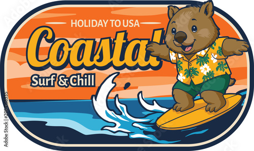 Obraz na plátne Cute cartoon wombat mascot character surfing on a sea wave wearing a tropical al