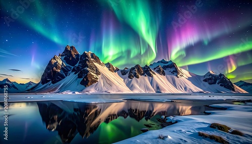 Snow-capped mountains under aurora borealis