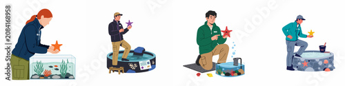 Foto Flat vector illustrations showing marine biologists and aquarium staff caring fo