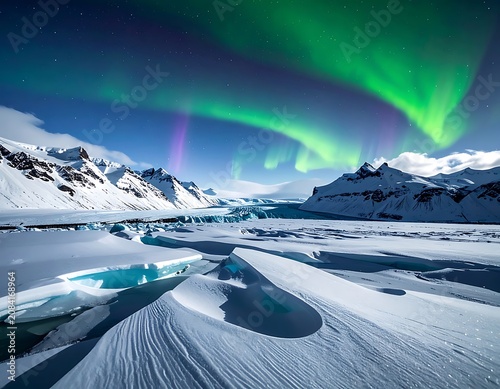 Snowy landscape with aurora borealis