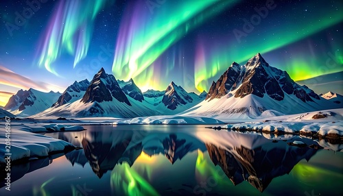Snowy peaks reflect vibrant auroras over icy water