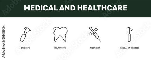 Tableau sur toile medical and healthcare icon set with otoscope, molar tooth, anesthesia, medical
