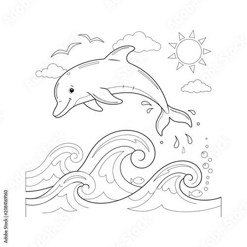 Cute Dolphin Jumping Over Ocean Waves Coloring Page For Kids Printable Sea Animal Black And White Activity Sheet