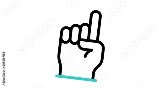 Animated hand finger pointing up icon loop motion graphic, index finger gesture and number one symbol, isolated on white background