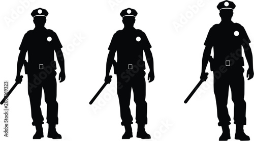 Photos Police officer silhouettes, security guard with baton standing poses isolated ve