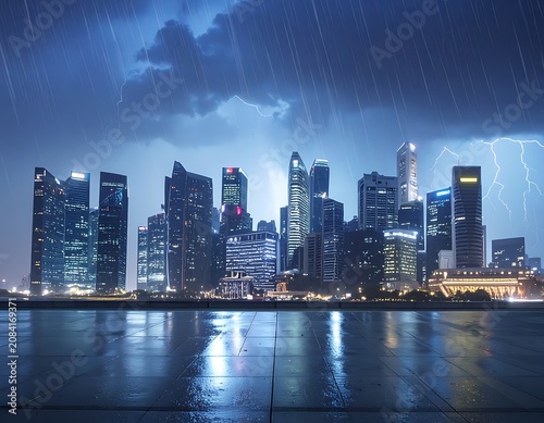 Stormy city skyline with lightning, rain