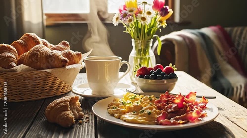 Hearty breakfast spread with croissants eggs and coffee.
