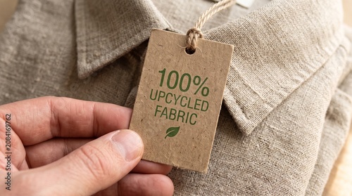 A close-up of a person's fingers holding a brown paper garment tag printed with 