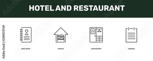 Schilderij op canvas hotel and restaurant icon set with wine menu, hostel, checkroom, agenda signs in