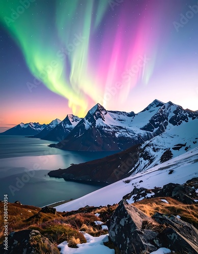 Vibrant aurora borealis over snow-capped mountains and serene lake (11)