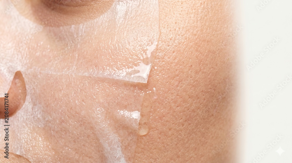 Fototapeta premium Close-up of collagen face sheet mask applied on female cheek skin texture