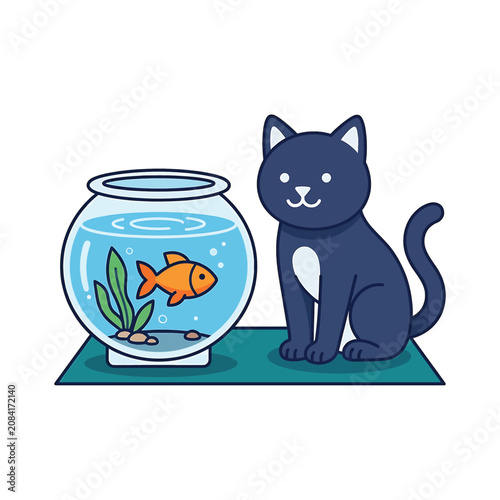 Black cat sitting next to fishbowl.