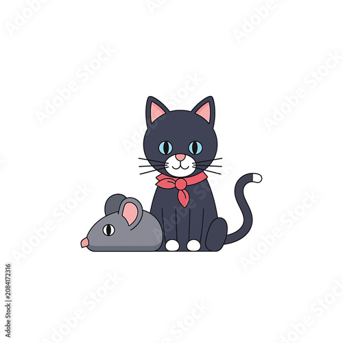 Black Cat Wearing Red Scarf Sitting.