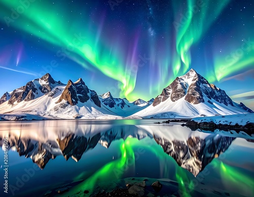 Vibrant green and purple aurora borealis dancing above snow-capped mountains (1)