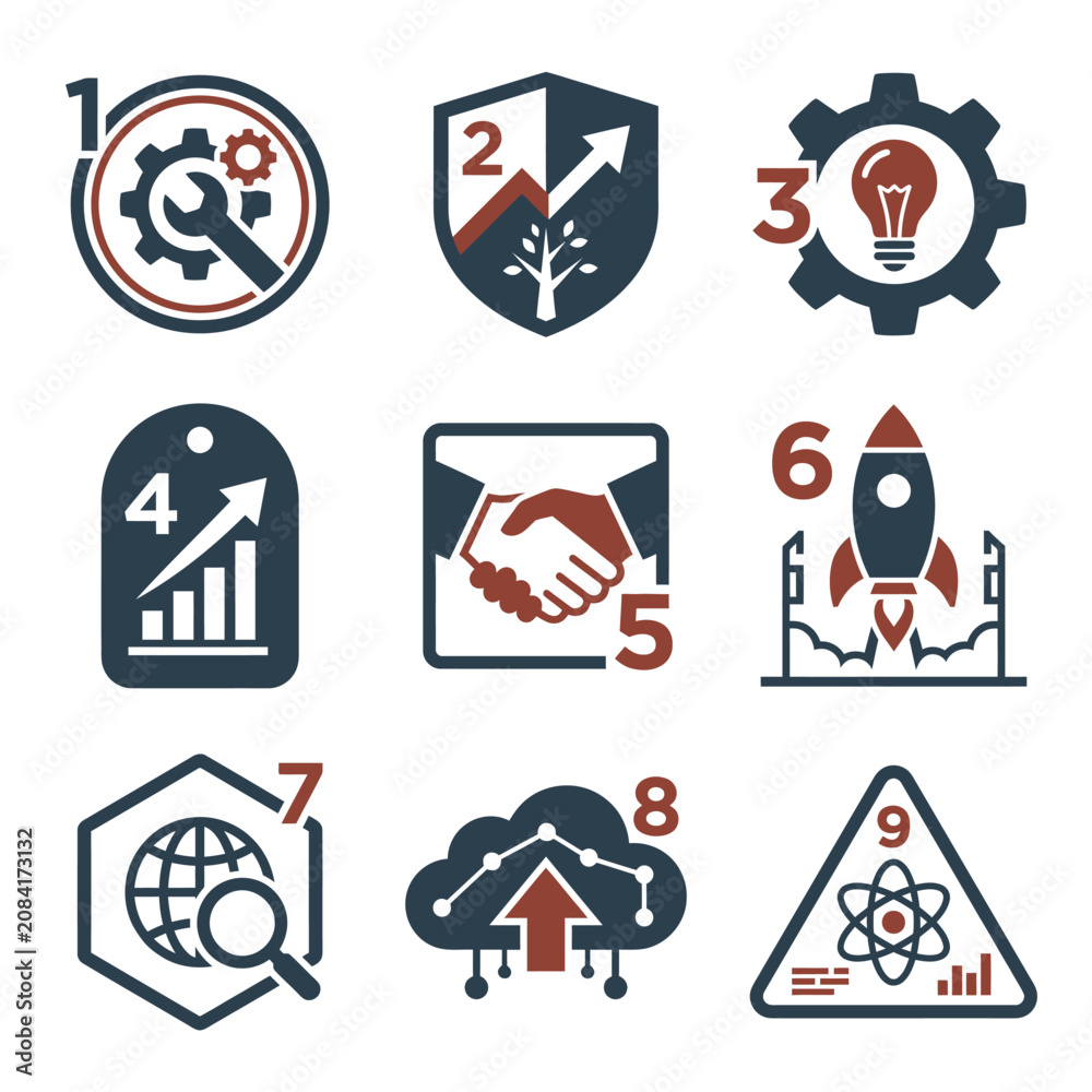 Fototapeta premium Nine business and technology icons numbered from one to nine