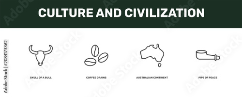 culture and civilization icon set with skull of a bull, coffee grains, australian continent, pipe of peace signs in flat outline style