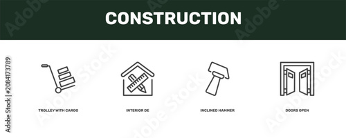 Εκτύπωση καμβά construction icon set with trolley with cargo, interior de, inclined hammer, doo