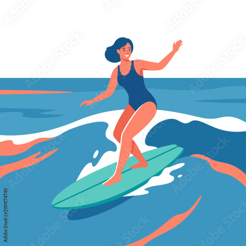 Photography Vector illustration of a woman surfing on a blue wave