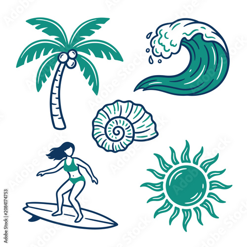 Photography Retro summer and surfing vector icons on white background