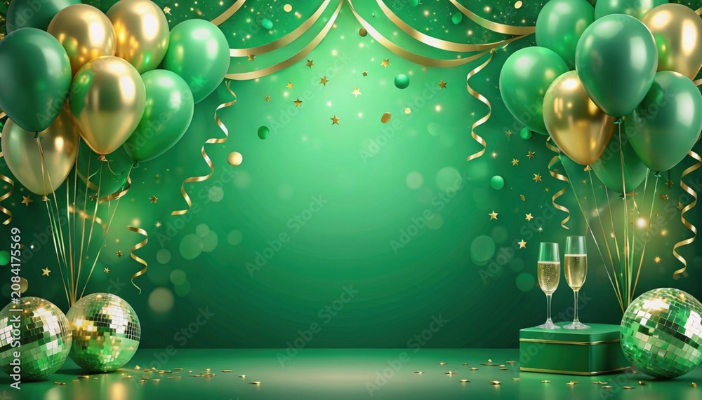 Fototapeta premium A vibrant green and gold background for a luxurious birthday celebration or a successful occasion, featuring balloons, disco balls, confetti, and champagne glasses, with copy space for text.