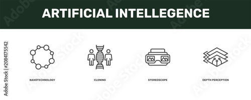 artificial intellegence icon set with nanotechnology, cloning, stereoscope, depth perception signs in flat outline style