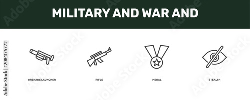 Obraz na płótnie military and war and icon set with grenade launcher, rifle, medal, stealth signs