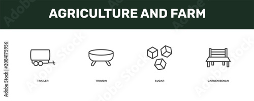 Foto agriculture and farm icon set with trailer, trough, sugar, garden bench signs in