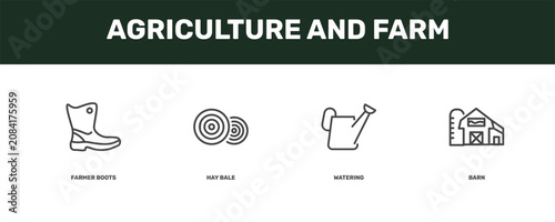 agriculture and farm icon set with farmer boots, hay bale, watering, barn signs in flat outline style