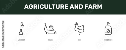 Tableau sur toile agriculture and farm icon set with lamppost, mower, hen, insecticide signs in fl